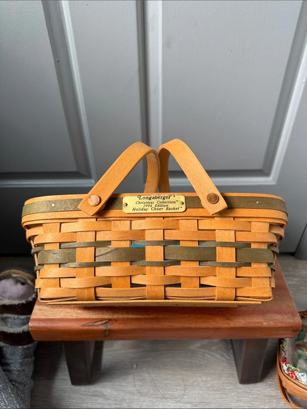 Longaberger Two-Tone Woven Basket - Natural & Olive Stripe
